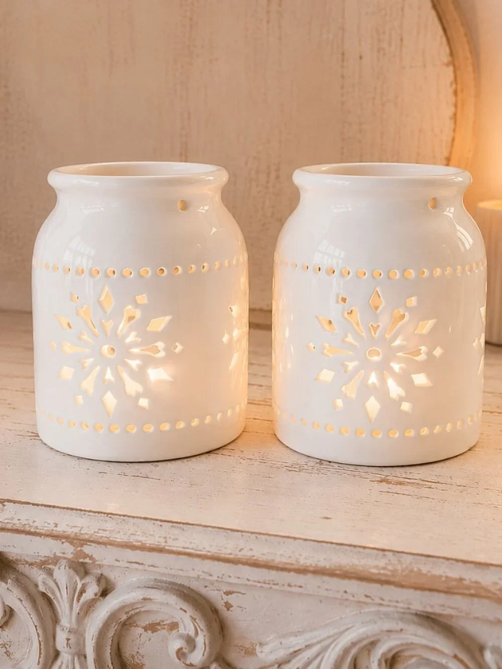 Set of 2 Charming Ivory Snowflake Cutout Luminiary Candleholders